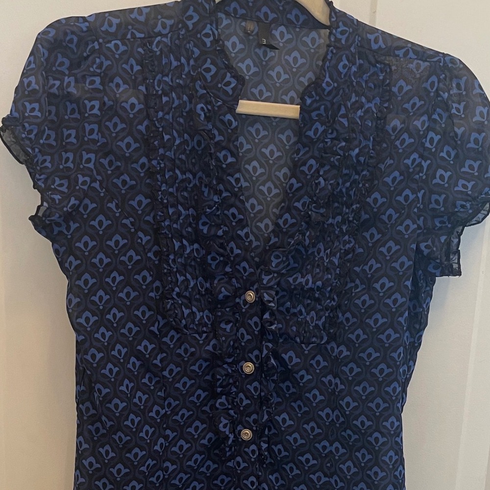 Maurices Blue Black Geometric Ruffle Sheer Button Blouse Top Cap Sleeve Small